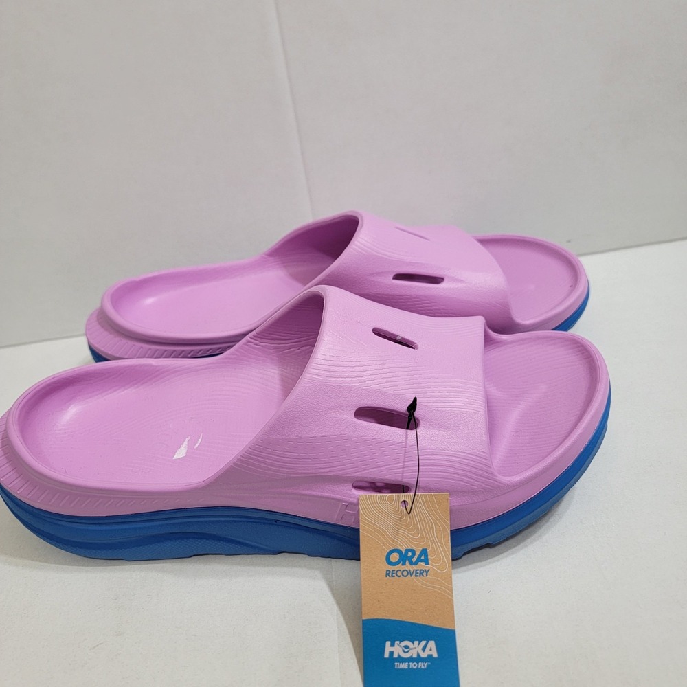 Hoka One One Lavender Pink Upper with Blue Sole Slide Sandals